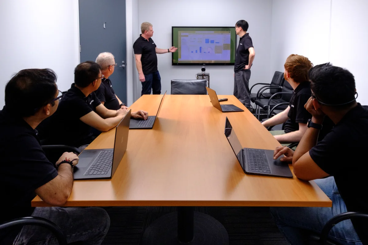 Lonicera team sat around boardroom table having meeting